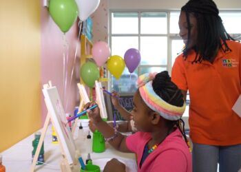 A girl painting balloons on canvas with her friend.